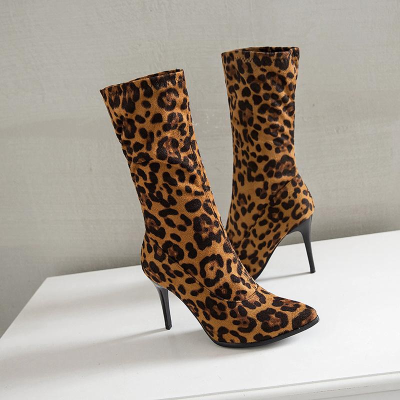 Měkké Elastické Slim Leopardí Kozačky Dámské Podzim Špičaté Středně vysoké Kozačky Sexy Tenké Vysoké Podpatky Krátké Černé Bílé Taneční Boty Dámské