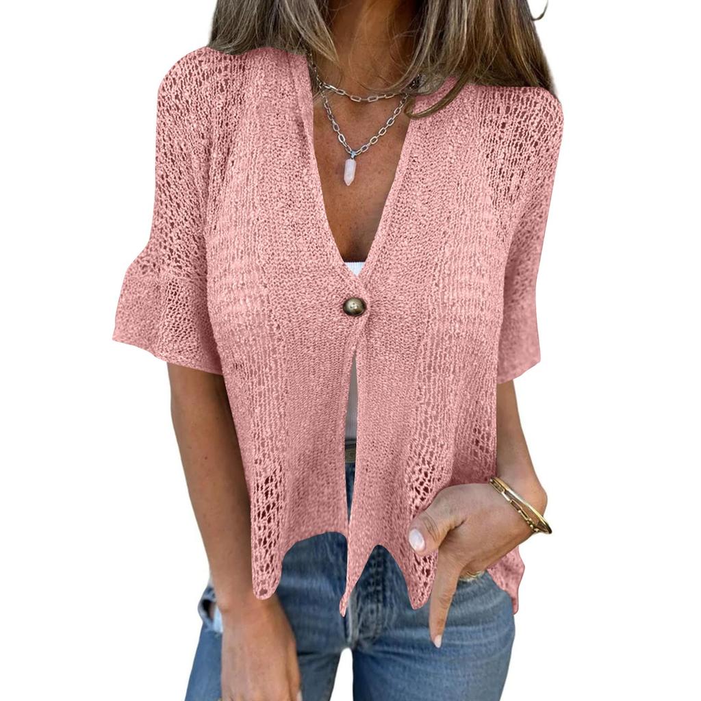 Damski lniany kardigan z rękawami 3/4, luźny krój, kaptur, kurtka szalowa