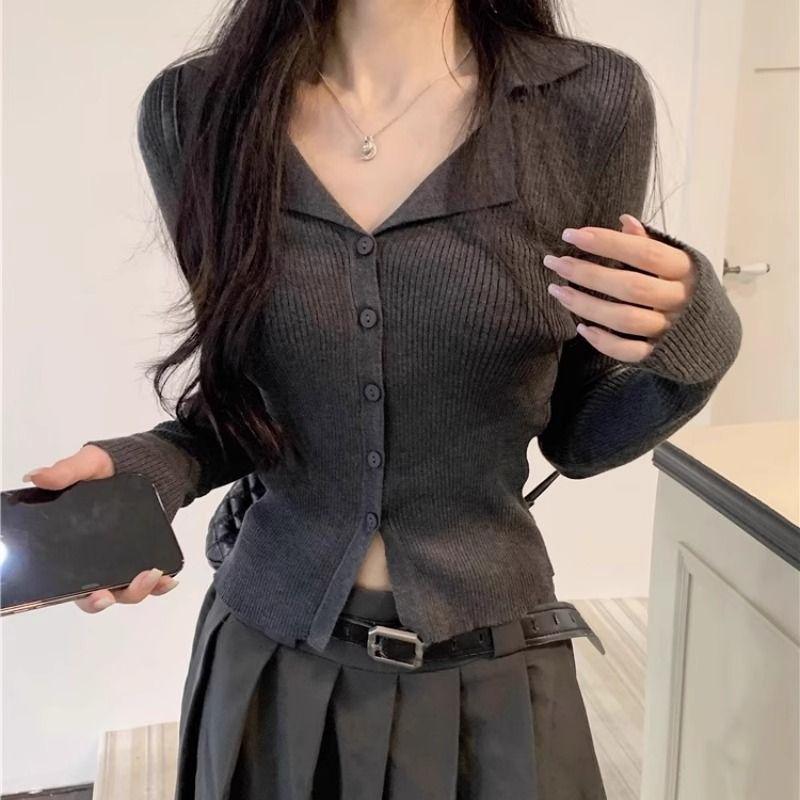 

Women s Sweet & Spicy V-Neck Polo Collar Knit Cardigan - Slim Fit, Chic Sweater for Spring & Autumn XL 116-125 lbs сірий колір