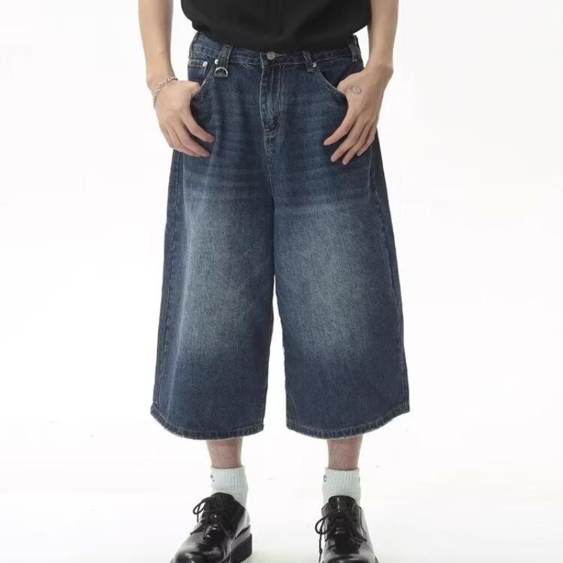Nicchia Tutto abbinabile Pantaloncini da uomo americani Pantaloncini di jeans blu retrò consumati Larghi Dritti A gamba larga Pantaloni sette spacchi Pantaloni medi