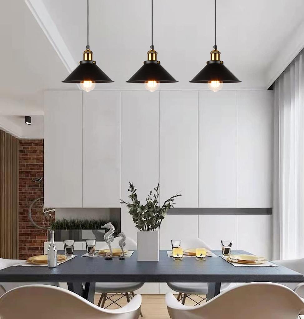 Set of 3 Retro Industrial-Style Pendant Lights with Black Cords, Iron Shades, and Industrial Lighting Fixtures. These stylish, Scandinavian-inspired
