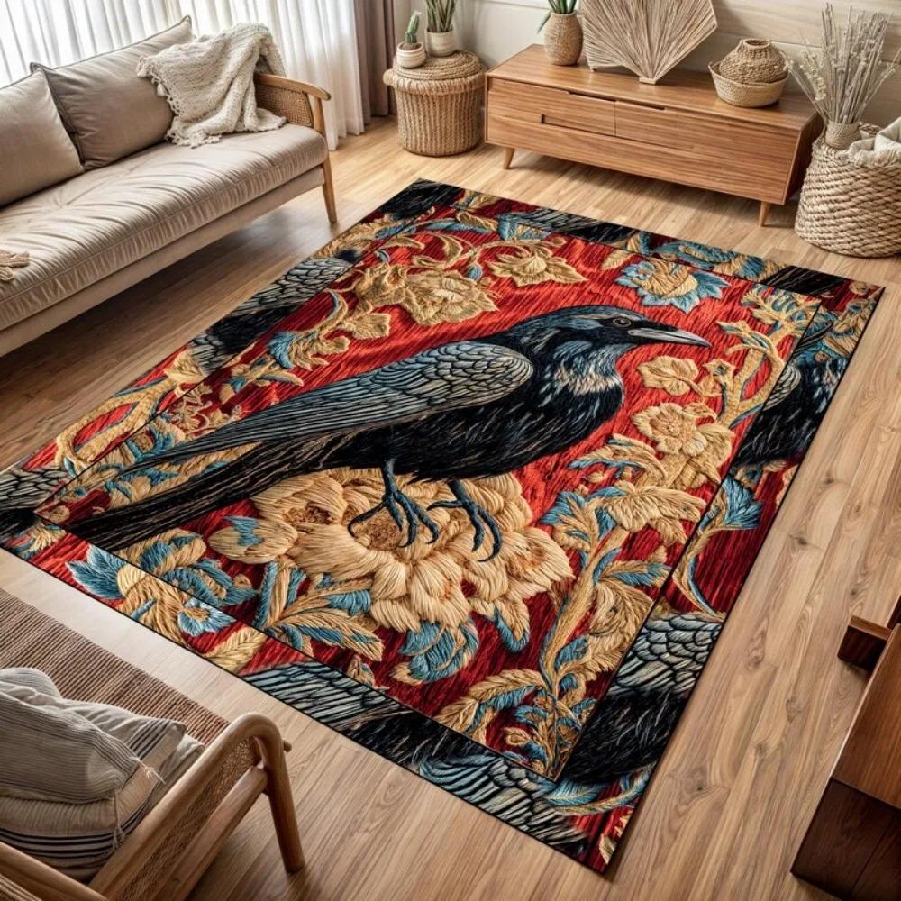 Floraler Baum Rabe Bereichsteppich Schwarzer Hintergrund Kunstteppich Böhmisches Wohnzimmer Schlafzimmer Dekorative Bodenmatte