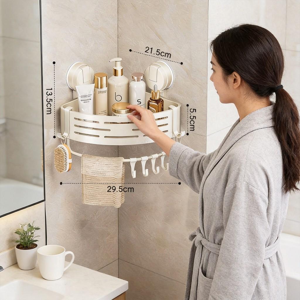 Abs Suction Cup Triangle Bathroom Shelf With Hooks For Home Organization And Storage