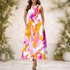 Women Plus Size Round Neck Sleeveless Pink Orange Printed A Line Long Dress With Pockets