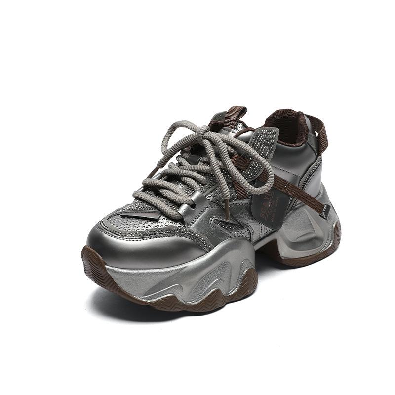 

8 inner height increase small dad shoes women s spring and summer rhinestone leather mesh breathable platform sneakers 40