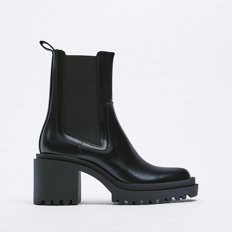

Женские черные кожаные ботинки челси на массивном блочном каблуке и подошве с протектором, эластичные боковые панели, удобная осенне-зимняя модная обувь 40