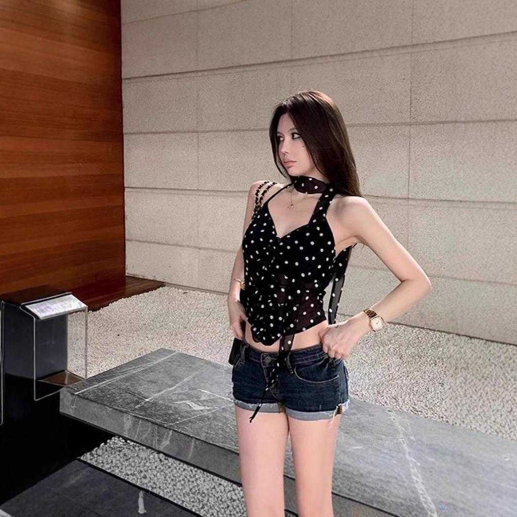 Women's Polka Dot Halter Vest: Slim Fit, Sexy Mesh, Versatile Inner or Outer Layer, Slightly Transparent, Perfect for Summer.