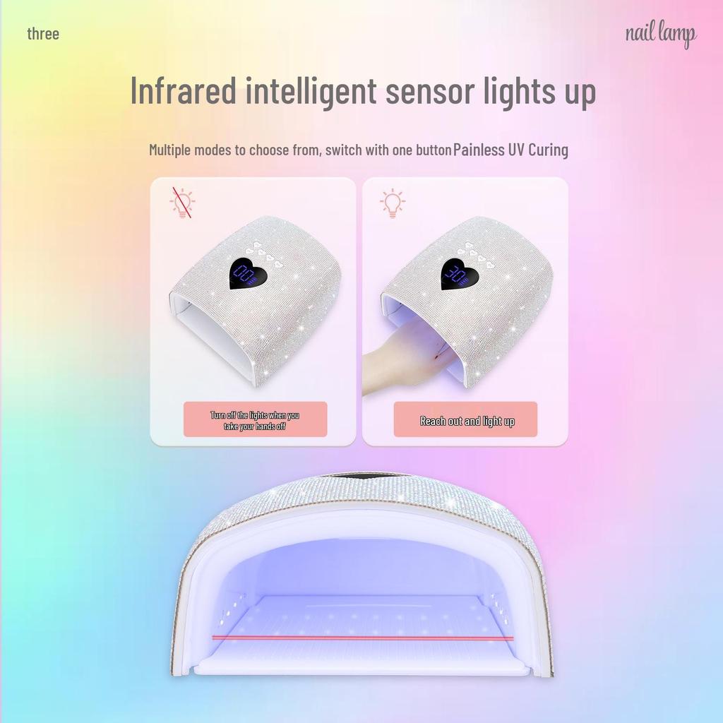 New 220W Rhinestone Smart Induction Nail Lamp with 33 Crystal Beads, Dual Light Source for Fast Nail Curing (White)