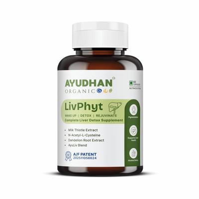 Ayudhan LivPhyt Leberentgiftungs-Nahrungsergänzungsmittel mit Mariendistel, N-Acetyl-L-Cystein, Löwenzahnwurzel & Ayurvedischer Kräutermischung, Nutraceutical 60 Kapseln