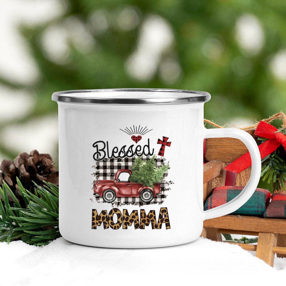 Christmas Tree Deer Truck Print Enamel Mugs Coffee Cups Christmas Party Dessert Hot Cocoa Chocolate Cup Gifts for Friends Family