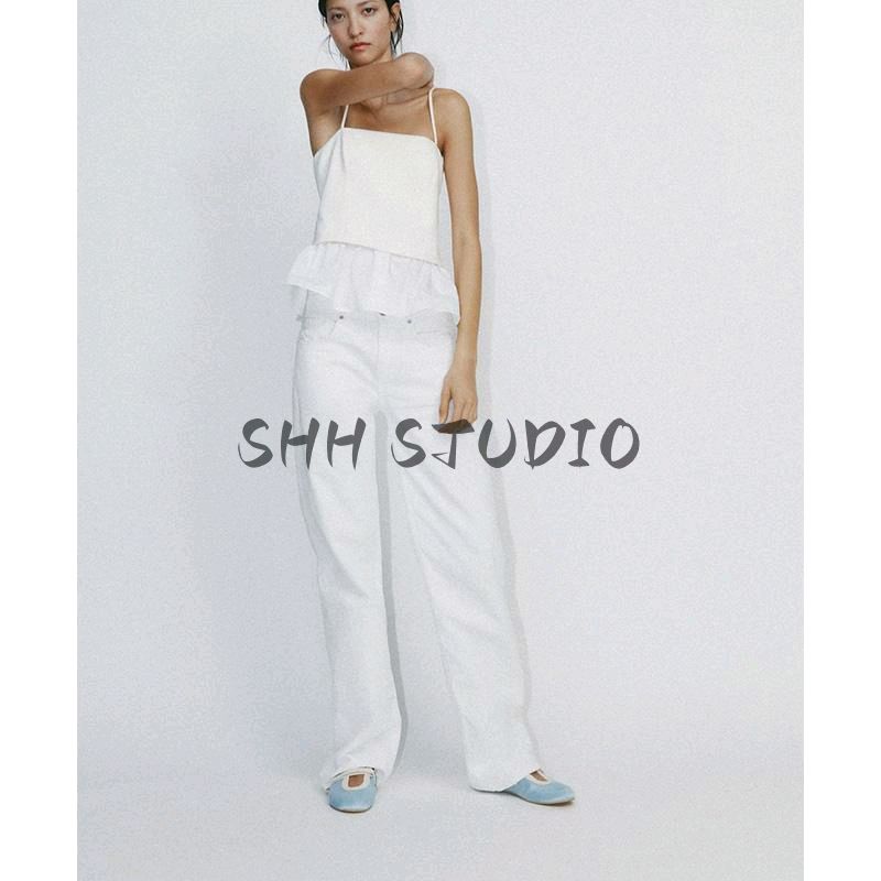Spring New Women's Clothing Patchwork Design White Vest Poplin Camisole Straight Collar Top 2140777