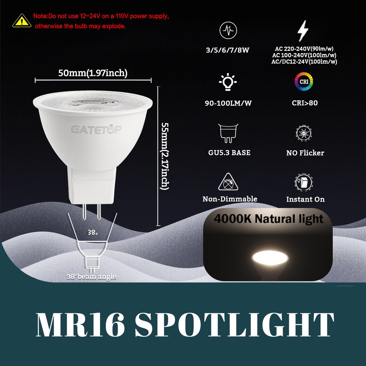 

50PCS GU5.3 LED Spotlight Bulbs MR16 AC 12V/110V/220V Replace 50W Halogen Lamp Energy Saving Directional Lighting for Bedroom 3w&AC220-240V