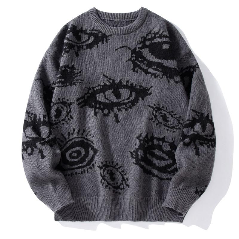 Mens Loose Crew Neck Long Sleeve Personalized Eye Pattern Warm Knit Sweater