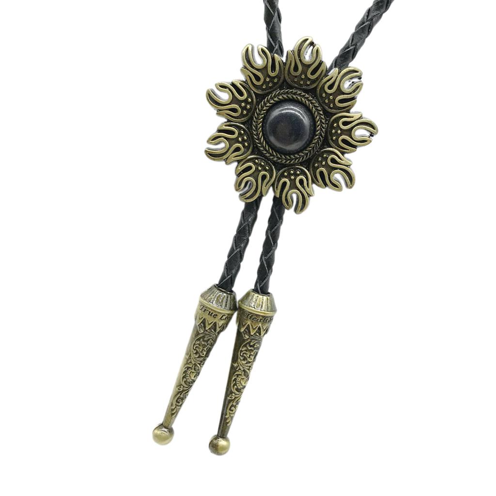 Mens American Bolo Tie Western Sun Shape Stone Cowboy Pendant Shirt Chain Collar Necktie Leather Rope Jewelry Necklace