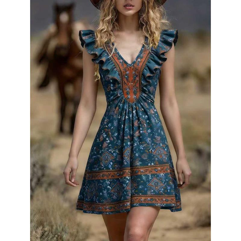 QICED Fashion Summer Spring V-Neck Sleeveless Casual Dresses