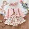 Newborn Girl Casual Romper Outfits Floral Printed Patchwork Dress Style Playsuit + Bow-Knot Decor Headband Set