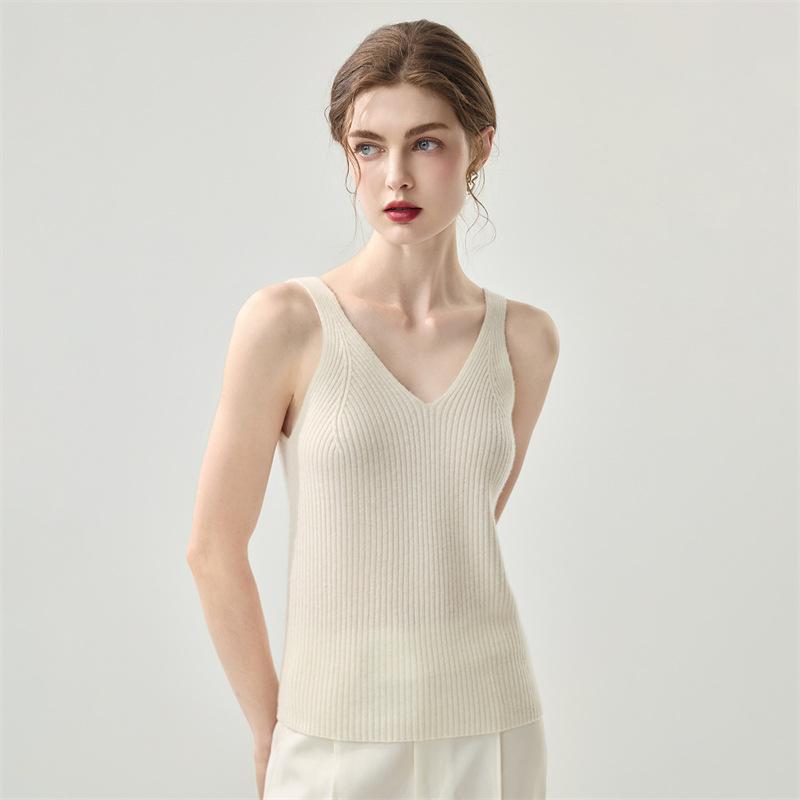 Lekasha 100% Pure Cashmere V-Neck Slim-Fit Ribbed Camisole Base Layer