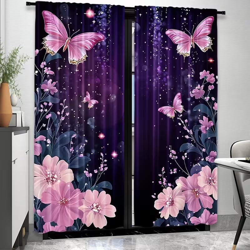 Pink Butterfly Floral Curtains Purple Starry Night Print Drapes Romantic Glitter Home Decor Bedrooms Curtain With Semi Sheer Polyester Perfect For