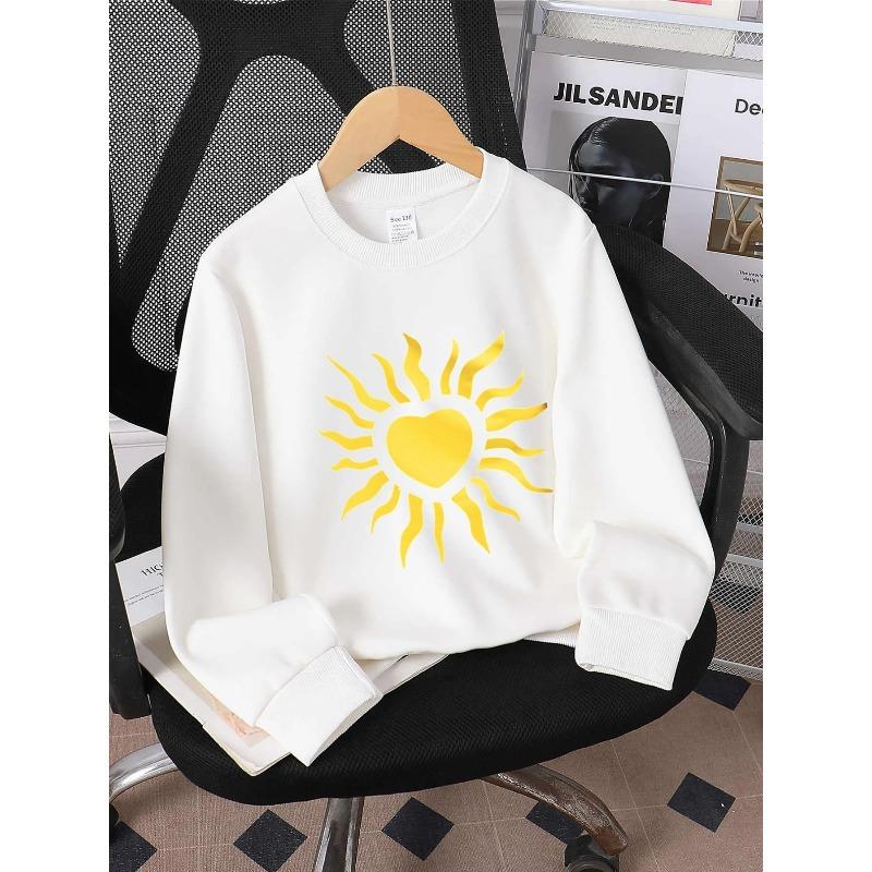 Youth Crewneck Sweatshirt - Pink with Yellow Sun Heart, Machine Washable, Suitable for Spring And Autumn, Ideal for Sports And Casual Outfits