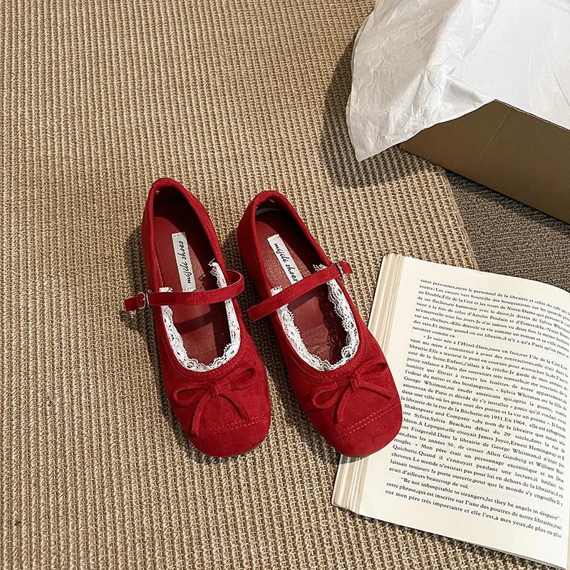 2025 Women's Fashion Single Shoes Spring New Round Head Shallow Mouth Bow Lace Metal Buckle Soft Sole Non-slip Flat Shoes