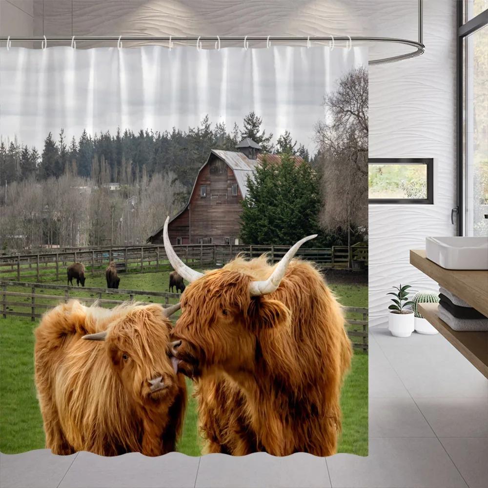 Funny Farm Cow Shower Curtain Rustic Wooden Door Highland Cow Wooden Panel Lavender Flower Cloth Hanging Curtains Bathroom Decor