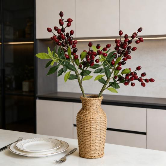 Artificial Berry Stems Faux Green Olive Branches with Leaves Fake Greenery Picks with Fruits for Home Vase Floral Arrangement