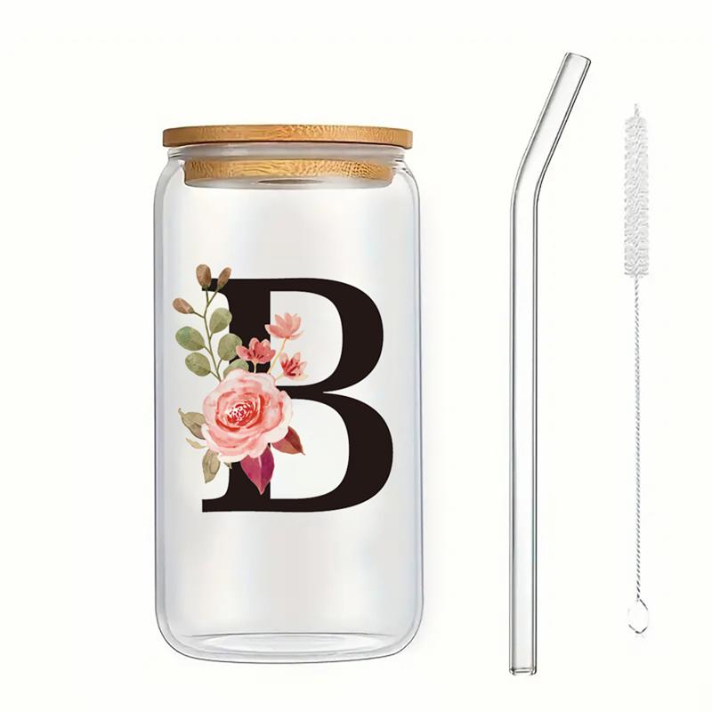 Alphabet Blumen Trinkglas Buchstabe A-Z Eiskaffee Wasser Saft Flasche Tragbarer Klarer Becher mit Deckel Strohhalm Bürste Geburtstagsgeschenke
