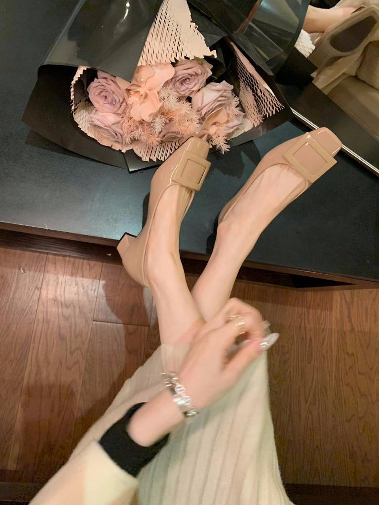 Cowhide version~ French square buckle leather thick heel high heels women's head mid heel Mary Jane single shoes ladyshoes small leather shoes