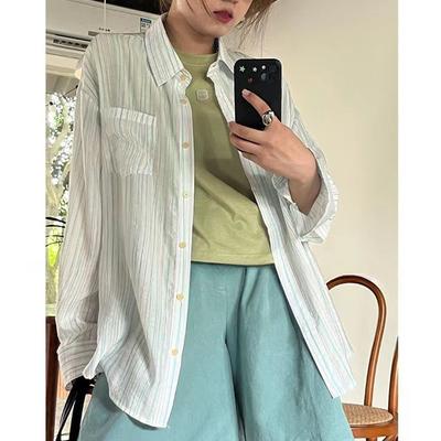 Elegant Long Sleeve Casual Sunscreen Shirts for Women Retro Chic Striped Loose Women's Blouses Tops Fashion Lapel Simple Slim Female Shirt Tops 26118