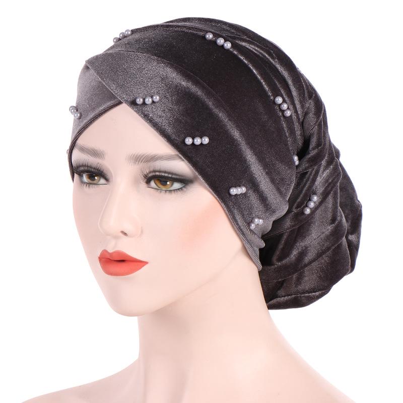 

1Pc New women s solid color forehead cross velvet nail bead headscarf cap Muslim headscarf cap