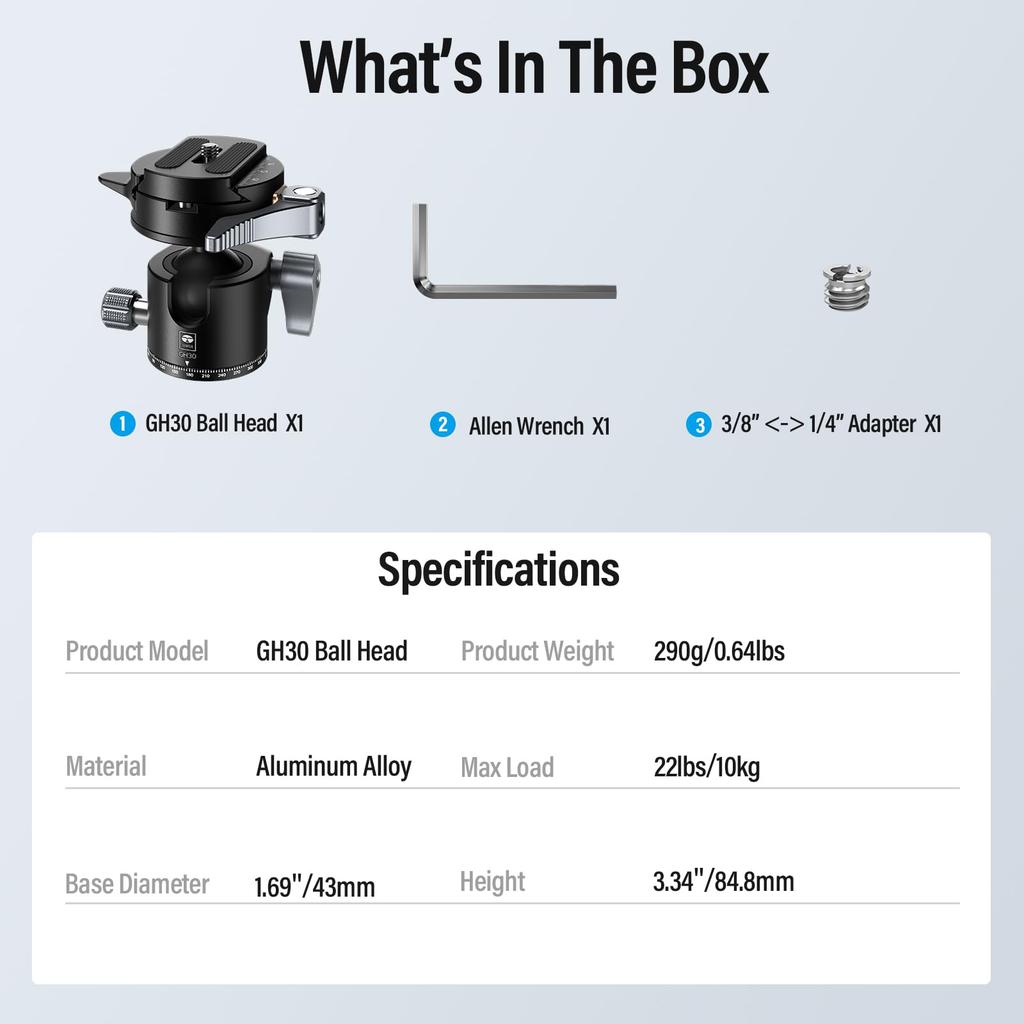 SIRUI Quick Release System Tripod Panoramic Metal Camera Ball Head Mount with and Screw Holes for and Max Load GH30 Low-Center-of-Gravity Low-Profile