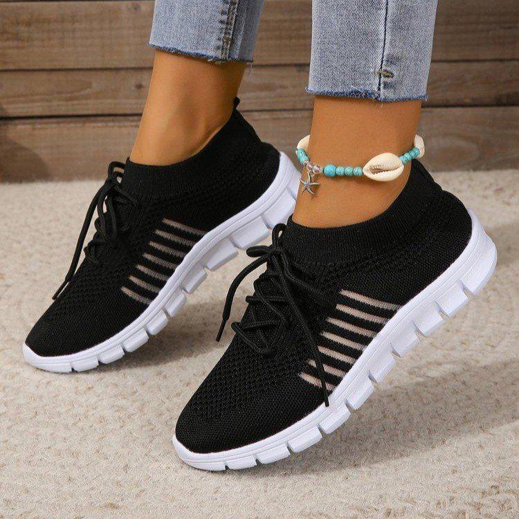 Korean Style Women's Lace-Up Flyknit Mesh Sneakers, Size 43, Lightweight Flat Bottom, Plus Size Available