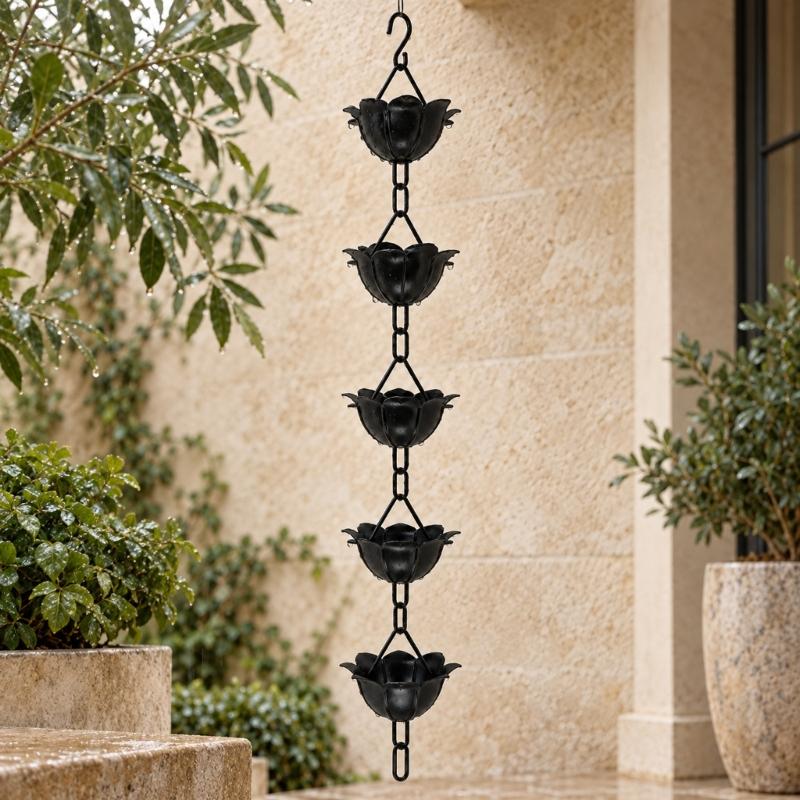 Outdoor Flower Rain Chain for Roof Rainwater, Black Aluminum Hanging Display with Repeating Cups for a Vertical Feature near Gardens and Balconies