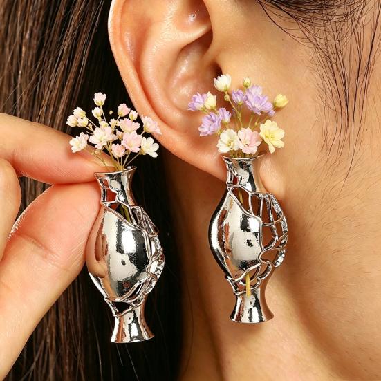 Unique Gift for Her 1 Pair Flower Vase Earrings Women, Retro Metal Hollow Shape DIY Dried Jewelry Earrings, Bouquets Floral Holder Wedding Prom