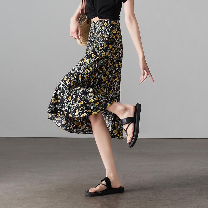 SOFSIL Women's Black Floral Print A-Line Midi Skirt