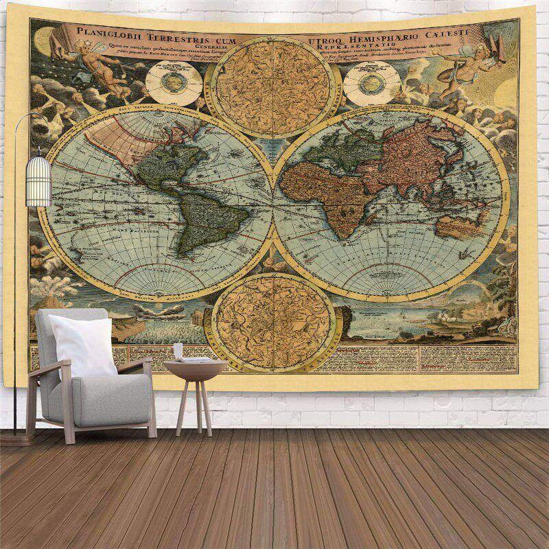 VIKAMA Polyester Vintage Antique World & Asia Map Print Tapestry Wall Hanging For Study Bedroom Retro Travel Decor Gift