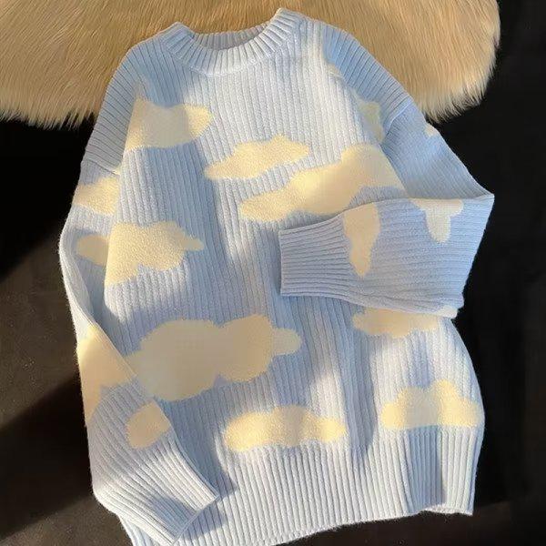 

Винтажный вязаный свитер в японском стиле - унисекс ретро мода Гонконга L светло-синий