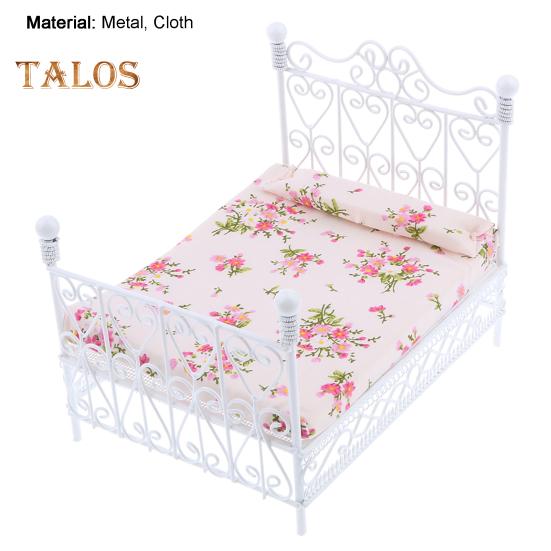 TALOS Dollhouse Bed European Style Accessories Metal Mini Double Bed Props Supplies for Room Scene