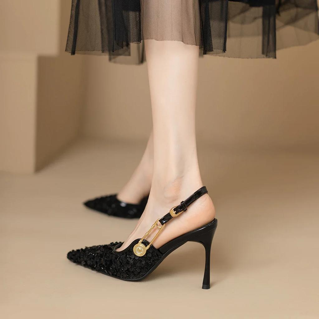 Sequins Metal Buckle Zapatos Mujer 2024 Tendencia Slingback Heeled Sandals Pointed Toe Pink Shoes For Women Summer