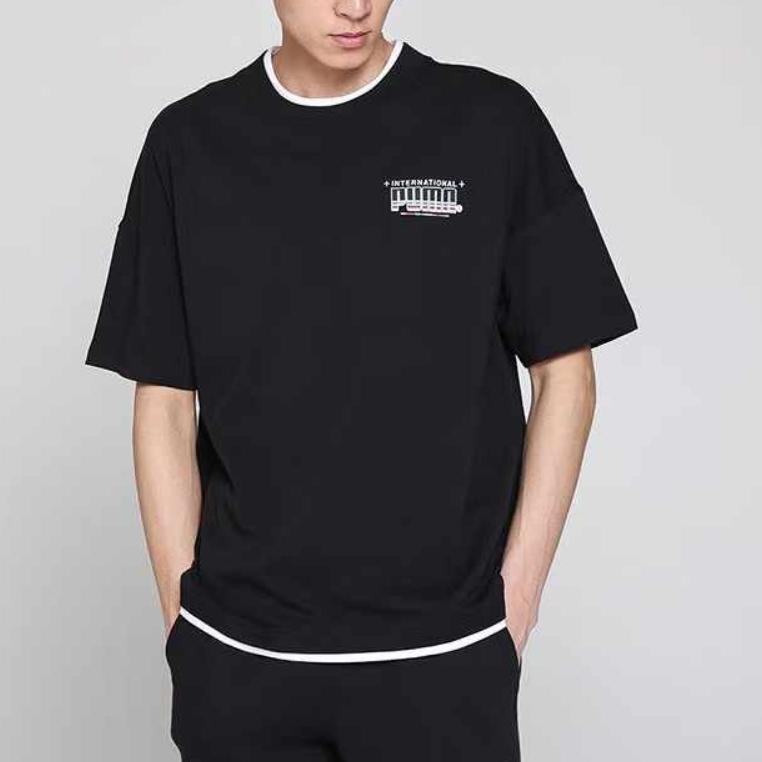 Puma Logo Print Vintage Casual Breathable Round Neck Short Sleeve T-Shirt Unisex Tops Black 532257-01
