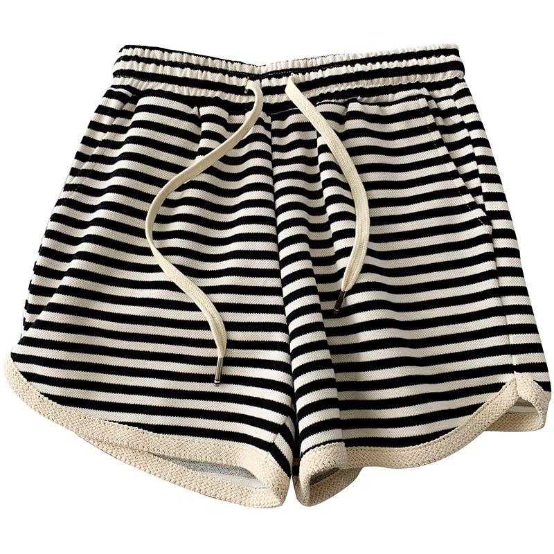 

Полосатые шорты женские летние с высокой посадкой, дизайнерские, свободного кроя с широкими штанинами А-силуэта, облегающие, спортивные, повседневные 2XL чёрный