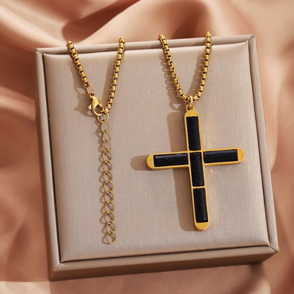 Natural Shoushan Stone Tiger Eye Cross Pendant Square Chain Necklace For Men Women