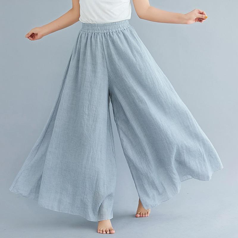 Summer Women's Trousers Artistic Large Size Cotton and Linen Wide-leg Trouser Skirt Linen Skirt Elastic Waist Solid Color Ethnic Style Trouser Skirt
