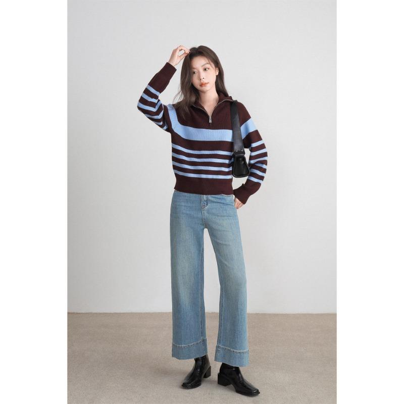 Striped Half-zip Lapel Pullover Sweater Jacket for Women in Autumn and Winter New Style Lazy Style Outer Wear Long-sleeved Sweater