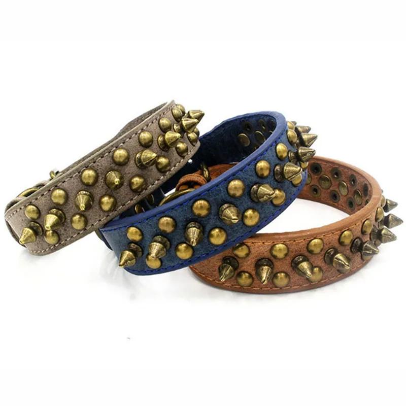 French Bulldog Pitbull Dogs Collar Retro Golden Rivet Studded Leather Pet Collar for Small Medium Large Dogs Spiked Neck Strap