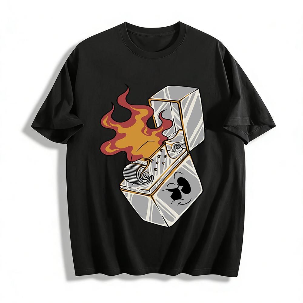 Vintage Flame Lighter Print T-shirt Retro American Street Style Unisex Casual Top Pure cotton T-shirt XXS