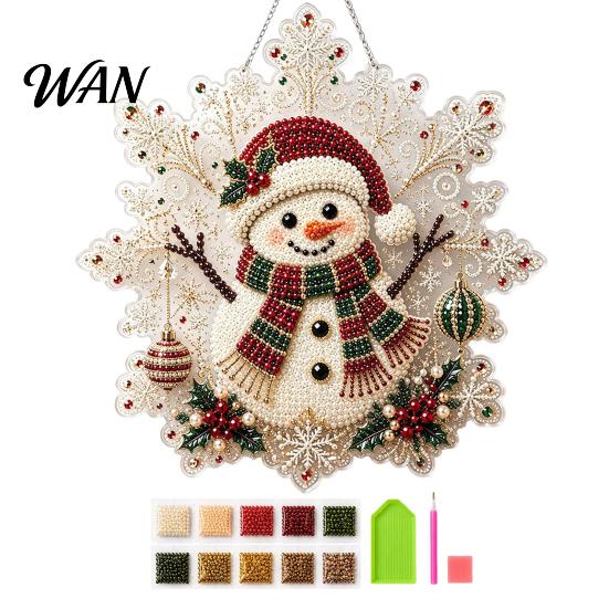 Decorative Gemstone Ornament Sets Christmas Faux Pearl Painting Suncatcher Art Kit, Acrylic Snowflake Shape Board Making Kits with Lace Edge,