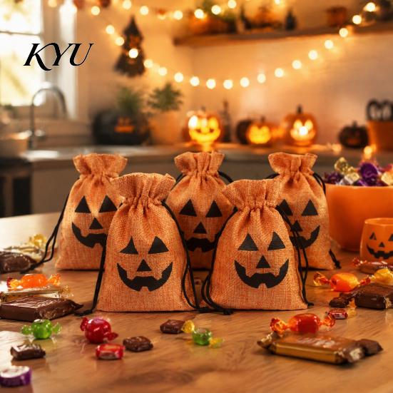 School Party Supplies 5Pcs Halloween Burlap Drawstring Bags, Candy Treat Pouch for Favor, Rustic Favors Goodie Trick or Reusable Gift Packaging Fabric