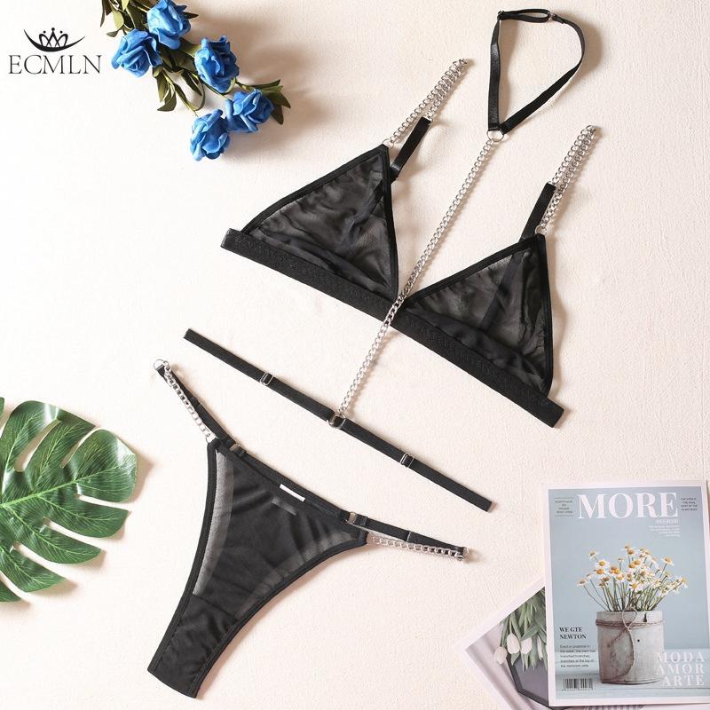 Women's Sexy Seamless Underwear Bra Thongs Metal Chain Lingerie Set Sexy Lace Translucent Bra Set
