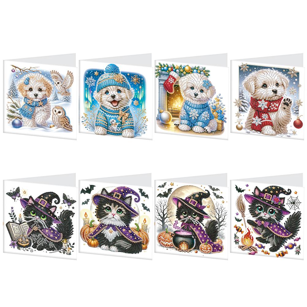 8Pcs Christmas Diamond Handmade Card Rhinestone Painting Card Kit Diamond Painting Greeting Card for Holiday Party Favors